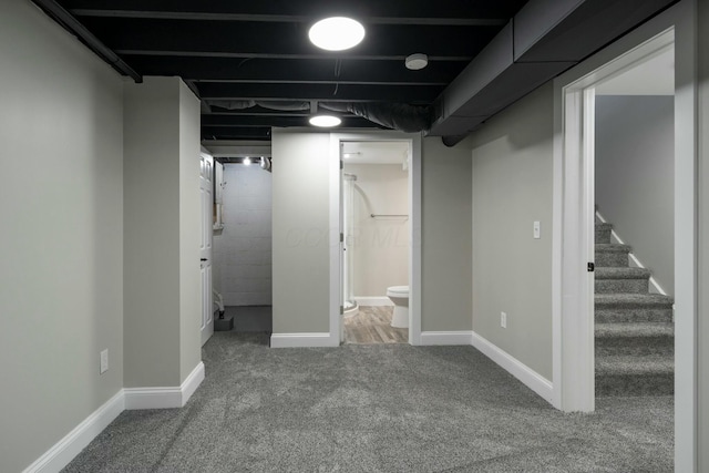 basement featuring carpet flooring