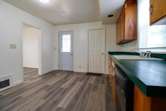 kitchen with dark hardwood / wood-style floors, stainless steel dishwasher, and sink