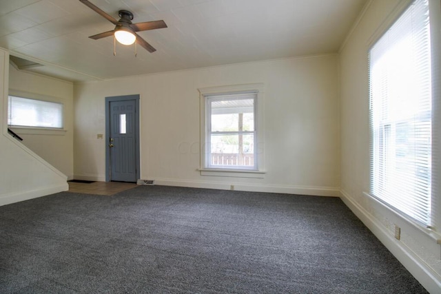 entryway featuring plenty of natural light, dark carpet, crown molding, and ceiling fan