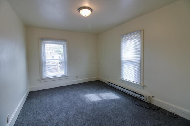 carpeted empty room featuring a baseboard radiator