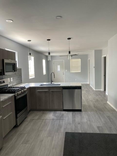 kitchen with appliances with stainless steel finishes, ceiling fan, sink, light hardwood / wood-style floors, and hanging light fixtures