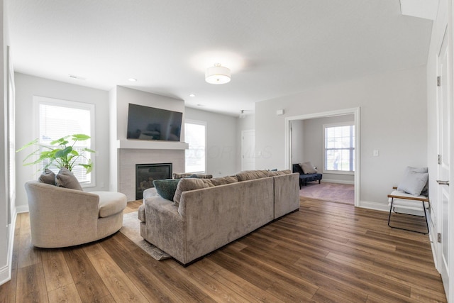 living room with dark hardwood / wood-style flooring and a healthy amount of sunlight