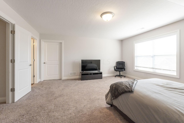 bedroom with carpet and a textured ceiling