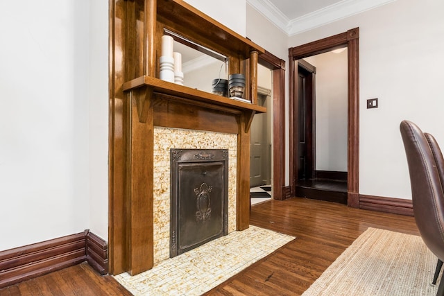 interior space featuring ornamental molding and hardwood / wood-style flooring