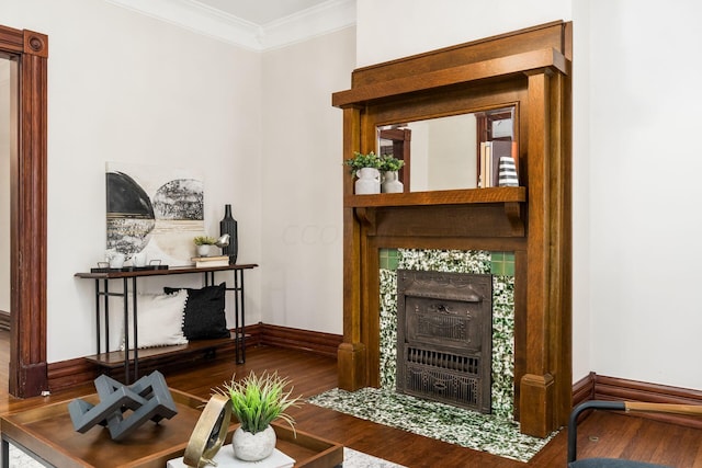 living area with hardwood / wood-style floors and ornamental molding