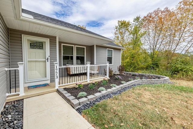 doorway to property featuring a porch and a yard