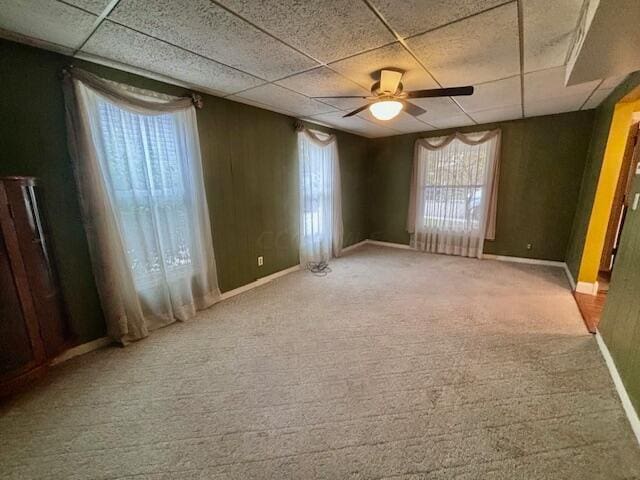 spare room with carpet flooring, a paneled ceiling, and ceiling fan