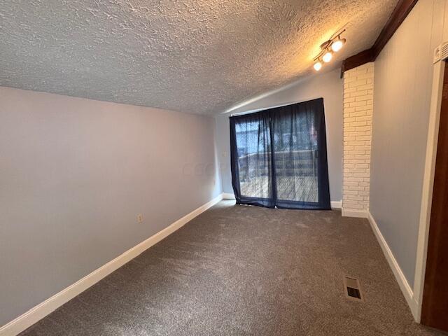 spare room featuring vaulted ceiling, dark carpet, and a textured ceiling