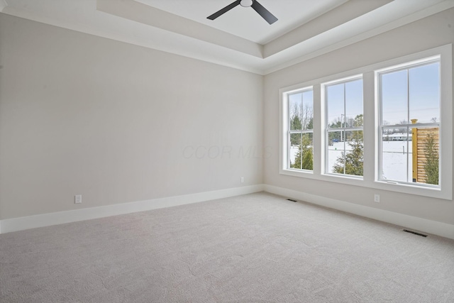 empty room featuring ceiling fan, carpet floors, and a tray ceiling