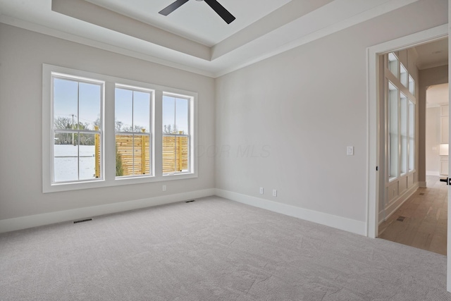 empty room featuring ceiling fan, light colored carpet, a raised ceiling, and crown molding