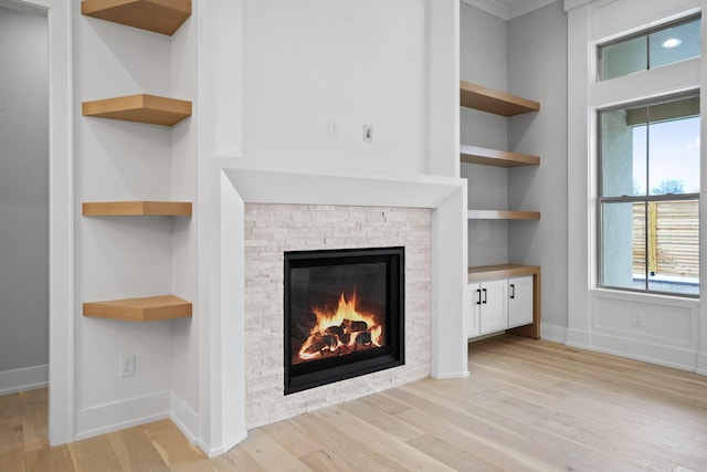 room details featuring a fireplace, built in shelves, and wood-type flooring