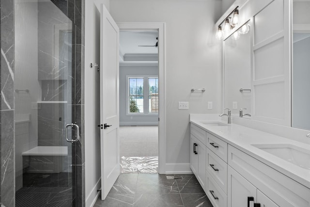 bathroom with vanity and an enclosed shower