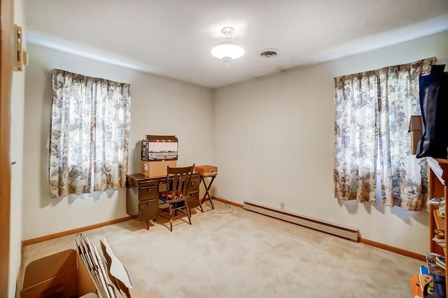 carpeted home office with a baseboard heating unit