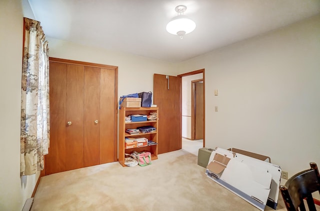 miscellaneous room featuring light carpet