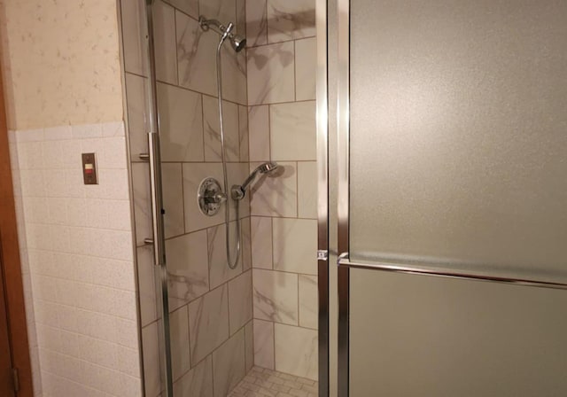 bathroom featuring a shower with shower door