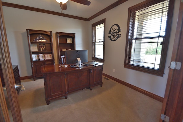 carpeted home office featuring ceiling fan and ornamental molding