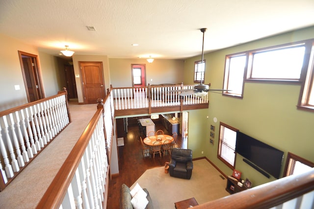 hall featuring carpet and a textured ceiling