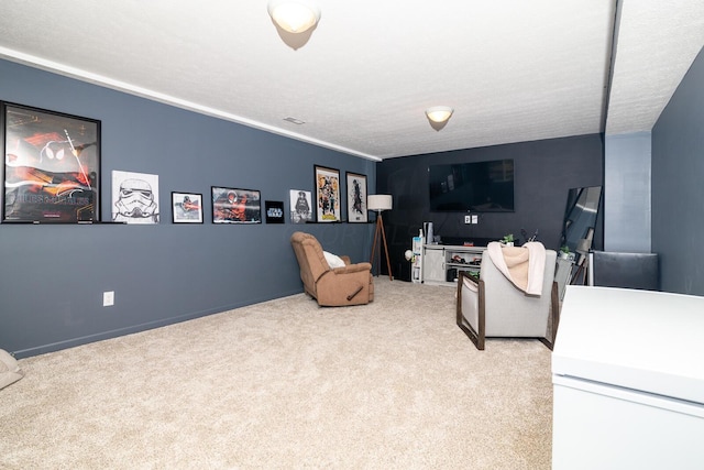 carpeted living room with a textured ceiling