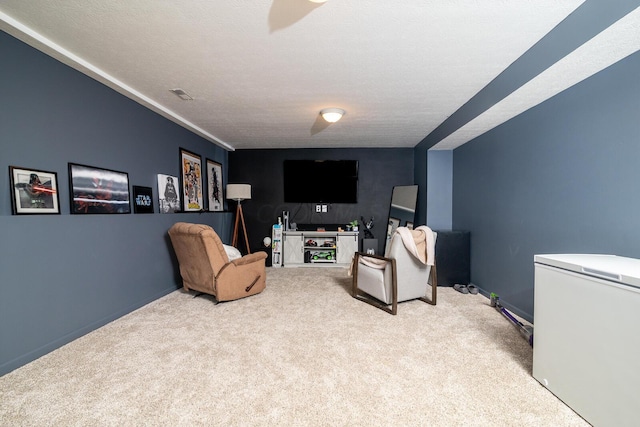 interior space with light colored carpet and a textured ceiling