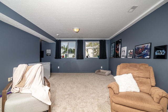 living area featuring carpet flooring and a textured ceiling