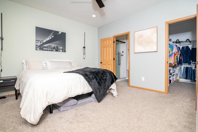 bedroom featuring carpet flooring, ceiling fan, a walk in closet, and a closet