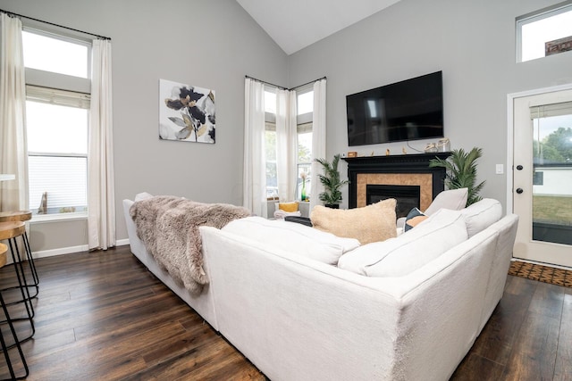 living room featuring dark hardwood / wood-style floors, lofted ceiling, and a fireplace