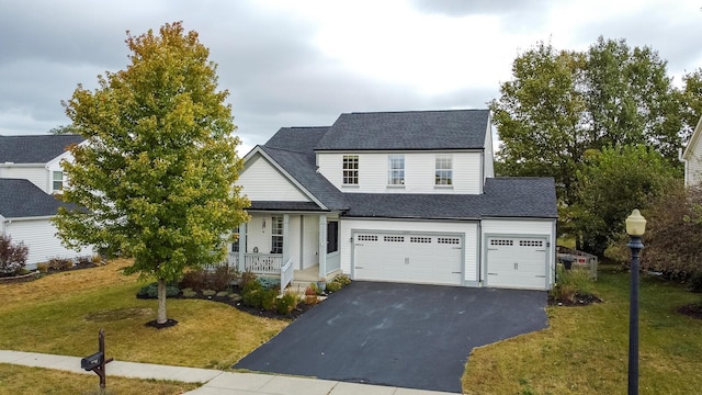 view of front of property featuring covered porch, a garage, and a front lawn