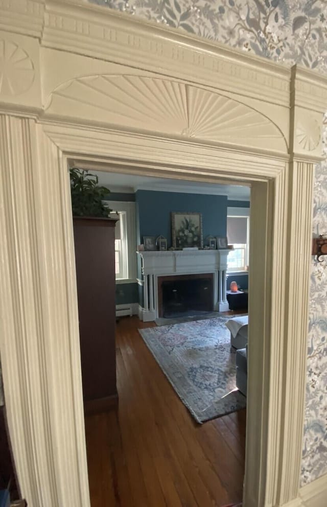 hall featuring a baseboard heating unit and hardwood / wood-style flooring