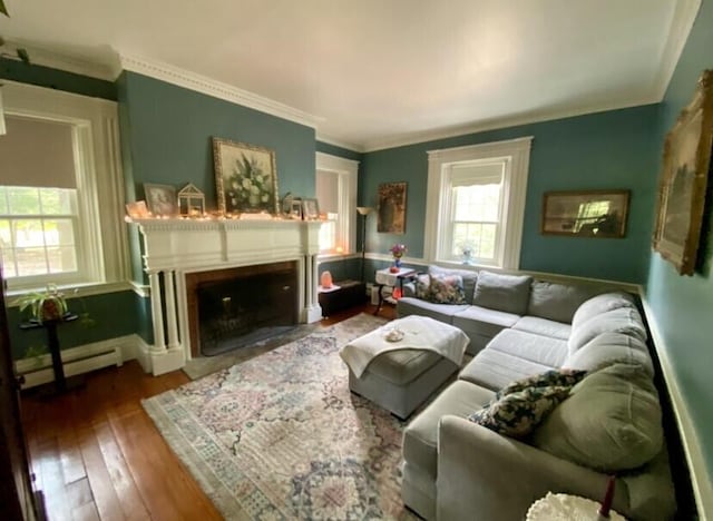 living room featuring wood-type flooring, ornamental molding, and a baseboard heating unit