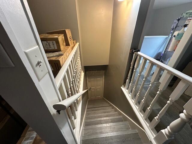 staircase with hardwood / wood-style flooring