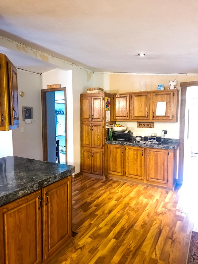 kitchen with dark stone counters and wood-type flooring