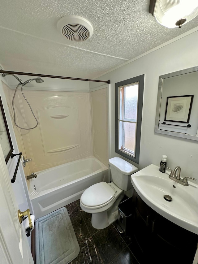 full bathroom featuring bathtub / shower combination, vanity, a textured ceiling, and toilet