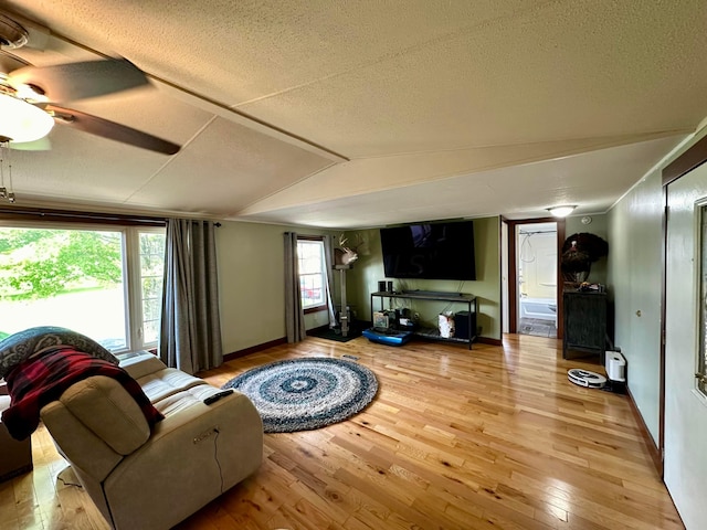 living room featuring a textured ceiling, light wood-type flooring, vaulted ceiling, and a healthy amount of sunlight