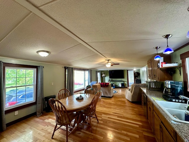 dining area featuring light wood-type flooring, sink, and a wealth of natural light