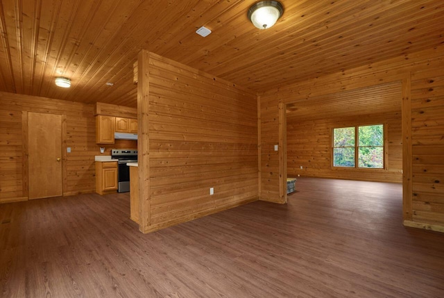 unfurnished living room featuring hardwood / wood-style flooring, wood ceiling, and wood walls