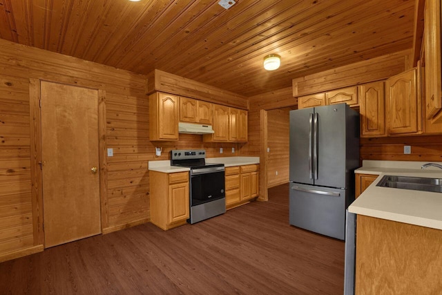 kitchen with sink, dark hardwood / wood-style flooring, wood walls, wood ceiling, and appliances with stainless steel finishes