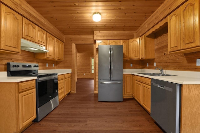 kitchen with wood walls, dark wood-type flooring, sink, appliances with stainless steel finishes, and wood ceiling