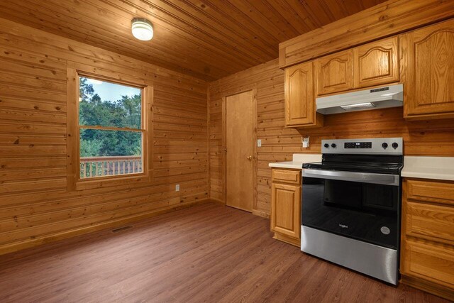 kitchen with wood-type flooring, wood ceiling, wooden walls, and stainless steel electric range