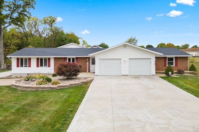 ranch-style house featuring a front yard and a garage