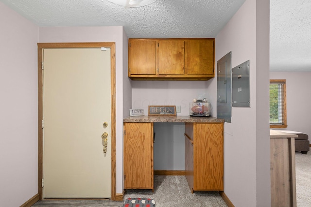 kitchen with light colored carpet, a textured ceiling, and electric panel