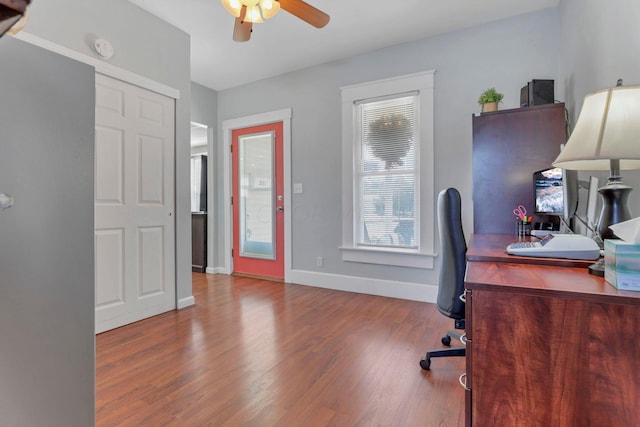 office space with wood-type flooring and ceiling fan