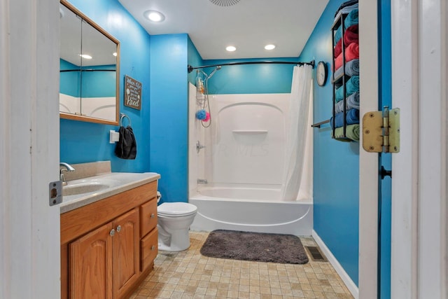 full bathroom with tile patterned flooring, vanity, shower / bath combination with curtain, and toilet