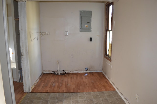 washroom with hardwood / wood-style floors and electric panel