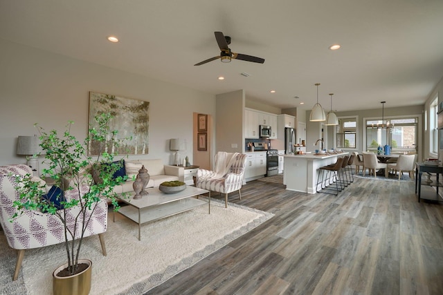 living room with ceiling fan, sink, and dark wood-type flooring