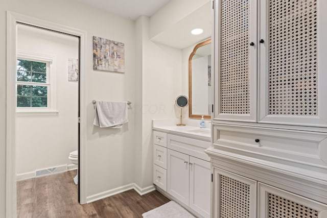 bathroom featuring hardwood / wood-style floors, vanity, and toilet