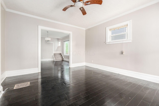 unfurnished room with a textured ceiling, ceiling fan, dark hardwood / wood-style flooring, and crown molding