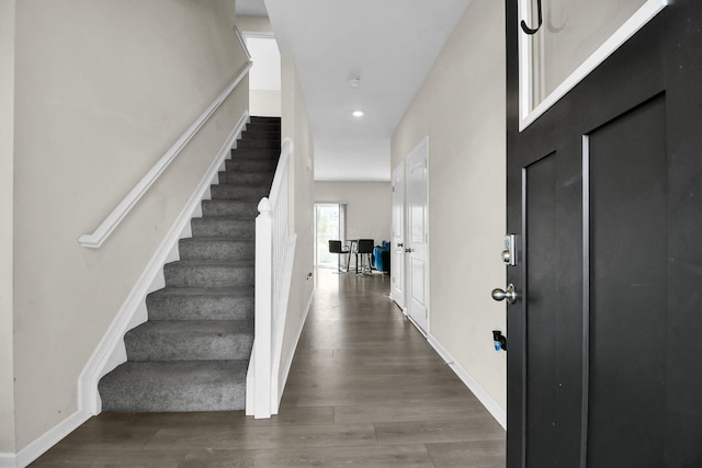 foyer with dark wood-type flooring