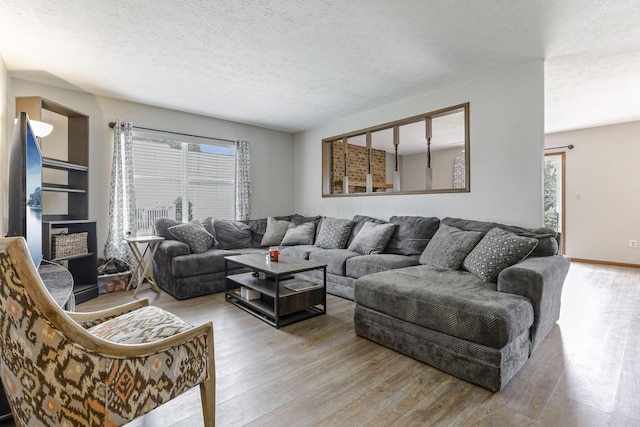 living room with hardwood / wood-style floors and a textured ceiling