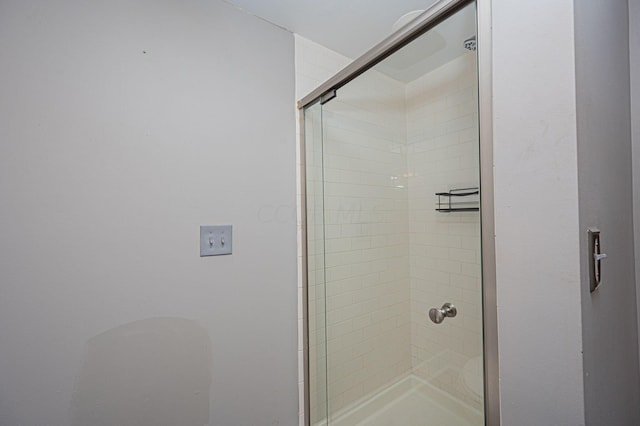 bathroom with a shower with shower door