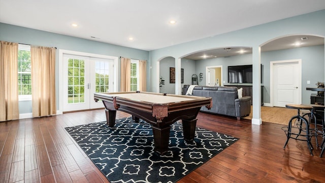 recreation room with dark wood-type flooring, pool table, and french doors